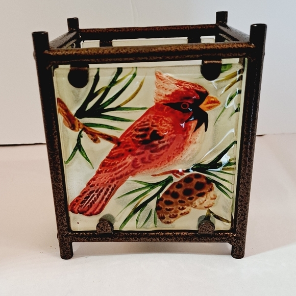 Hand Painted Red Cardinal  Frosted Etched Glass Square‎ Candle Lantern Holder - Picture 1 of 5